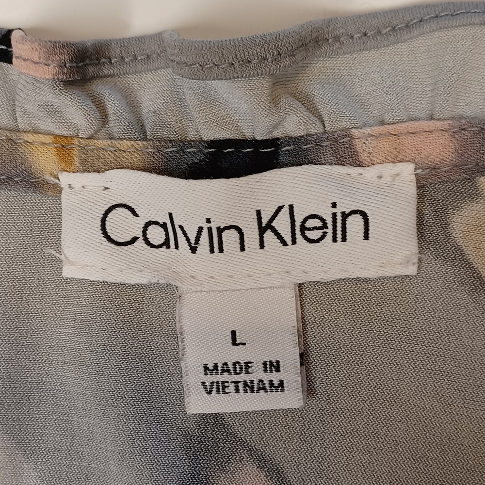 Calvin Klein Floral Knit Ruffle Pleated Long Sleeve Blouse Women's Sz Lg Gray - Picture 6 of 12